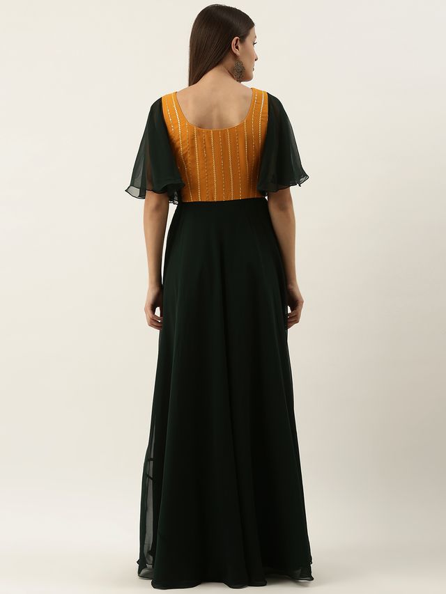 Bollywood Vogue Ready To Wear Mustard Embroidered N Turquoise Green Gown