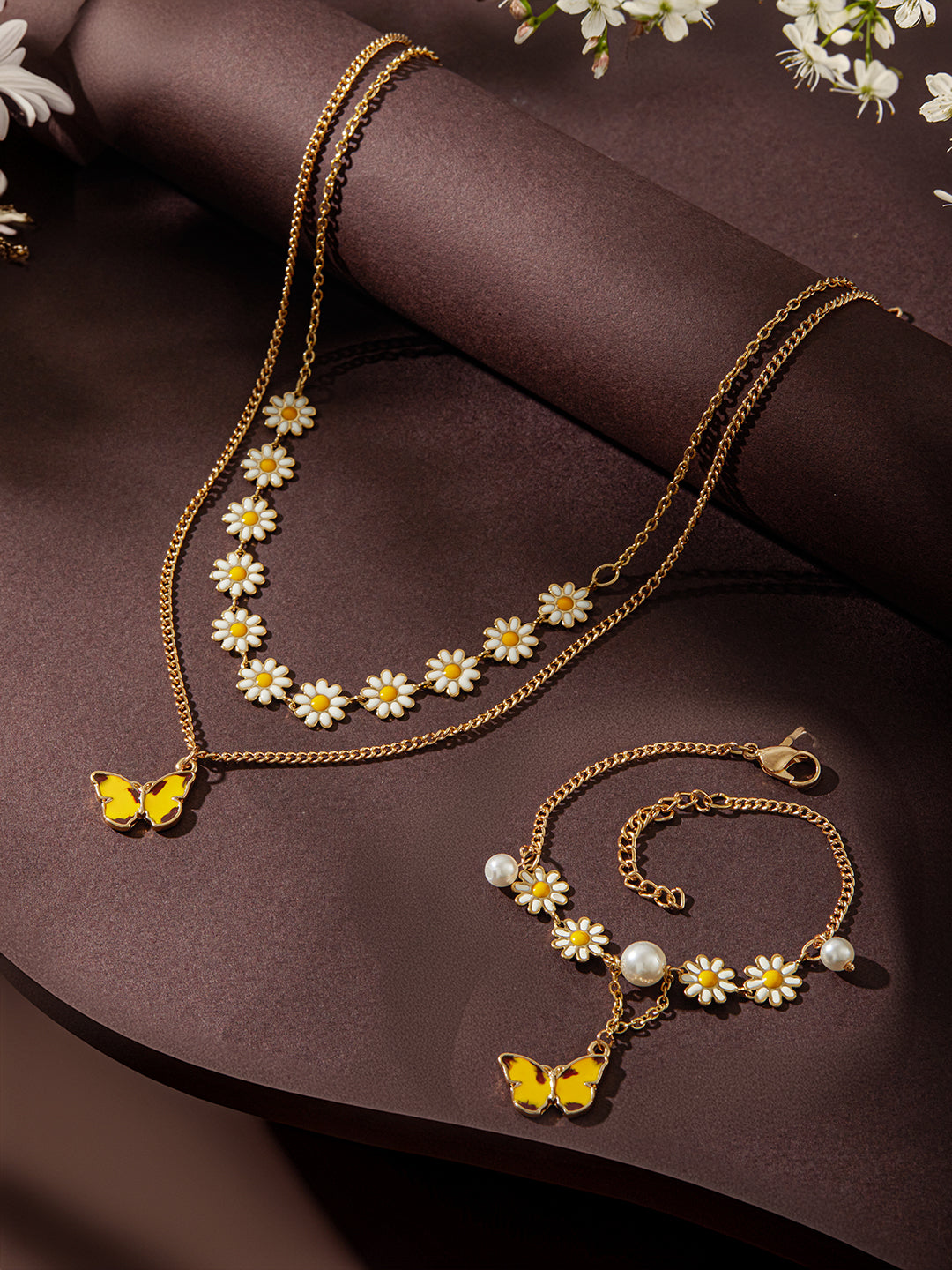 Jazz And Sizzle Set Of 2 Gold-Plated Floral & Butterfly Motif Necklace Chain & Bracelet