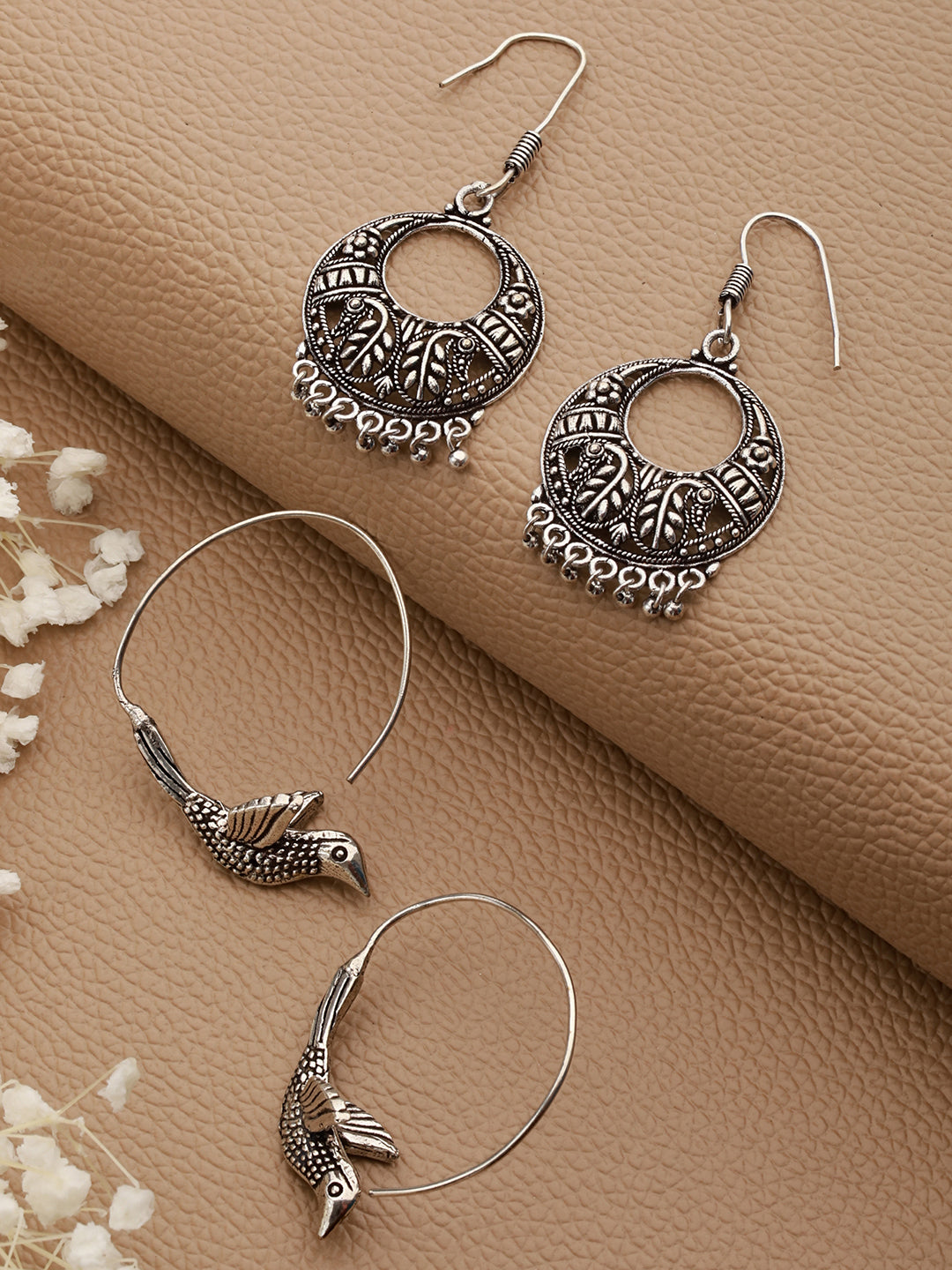 Set Of 2 Silver Plated Brid Shaped Hoop & Chandbali Earrings