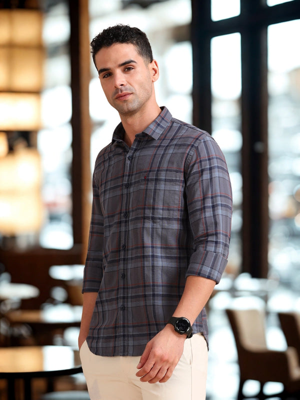 Men Dark Grey Slim Fit Checks Full Sleeve Casual Shirt Cool Colors