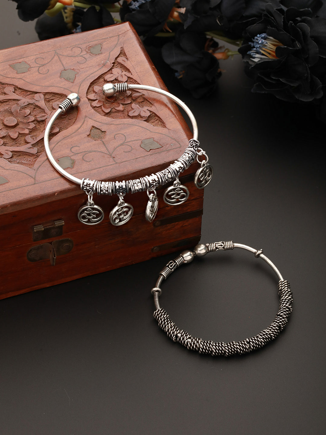Set Of 2 Oxidised German Silver-Plated Textured & Om Cuff Bracelet