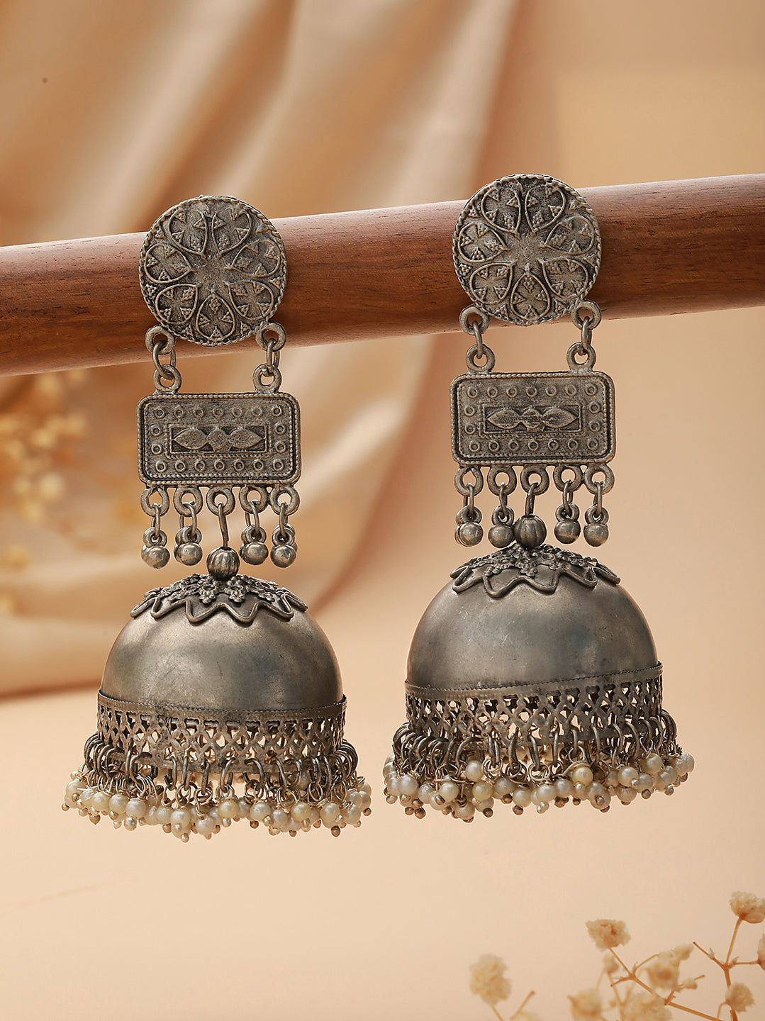 Silver-Plated Oxidised Dome Shaped Jhumkas Earrings