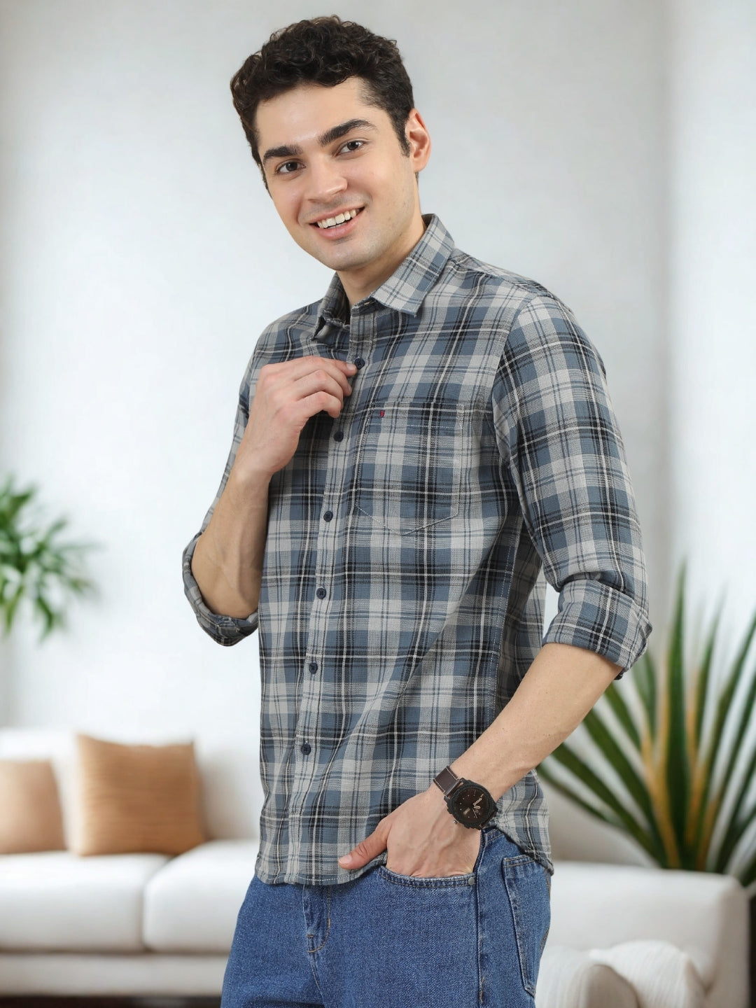 Men Grey Slim Fit Checks Full Sleeve Casual Shirt Cool Colors
