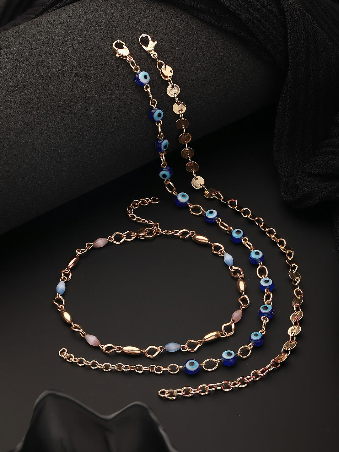 Set Of 3 Rose Gold Plated & Blue Evil Eye Link Chain Anklets