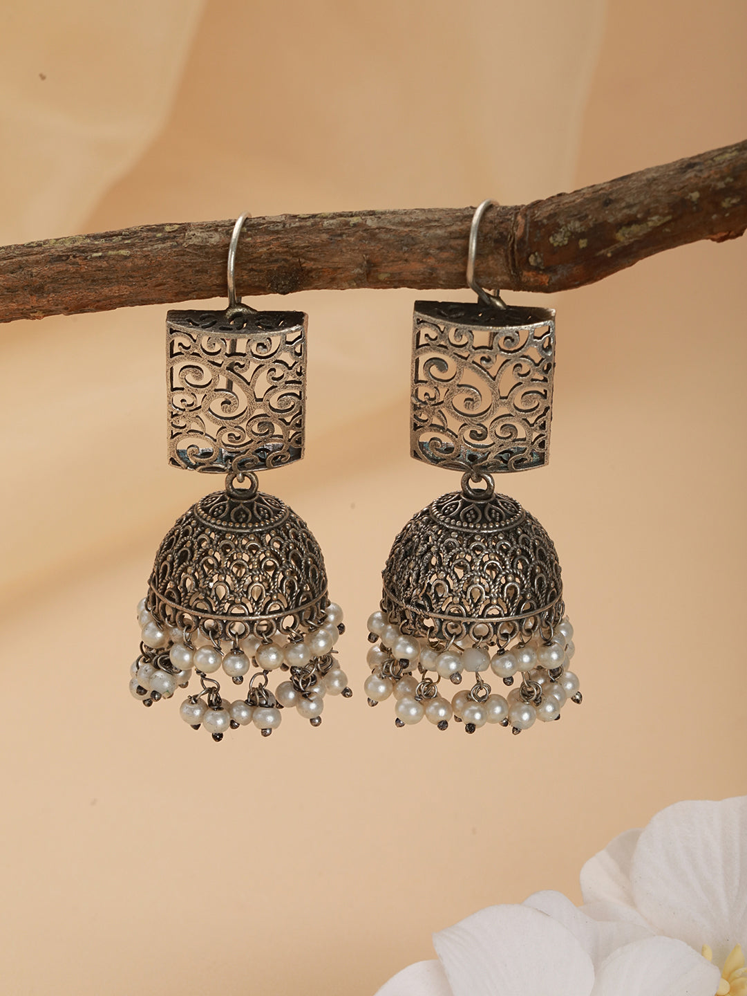 Silver-Plated & Silver Toned White Pearl Beaded Dome Shaped Jhumkas