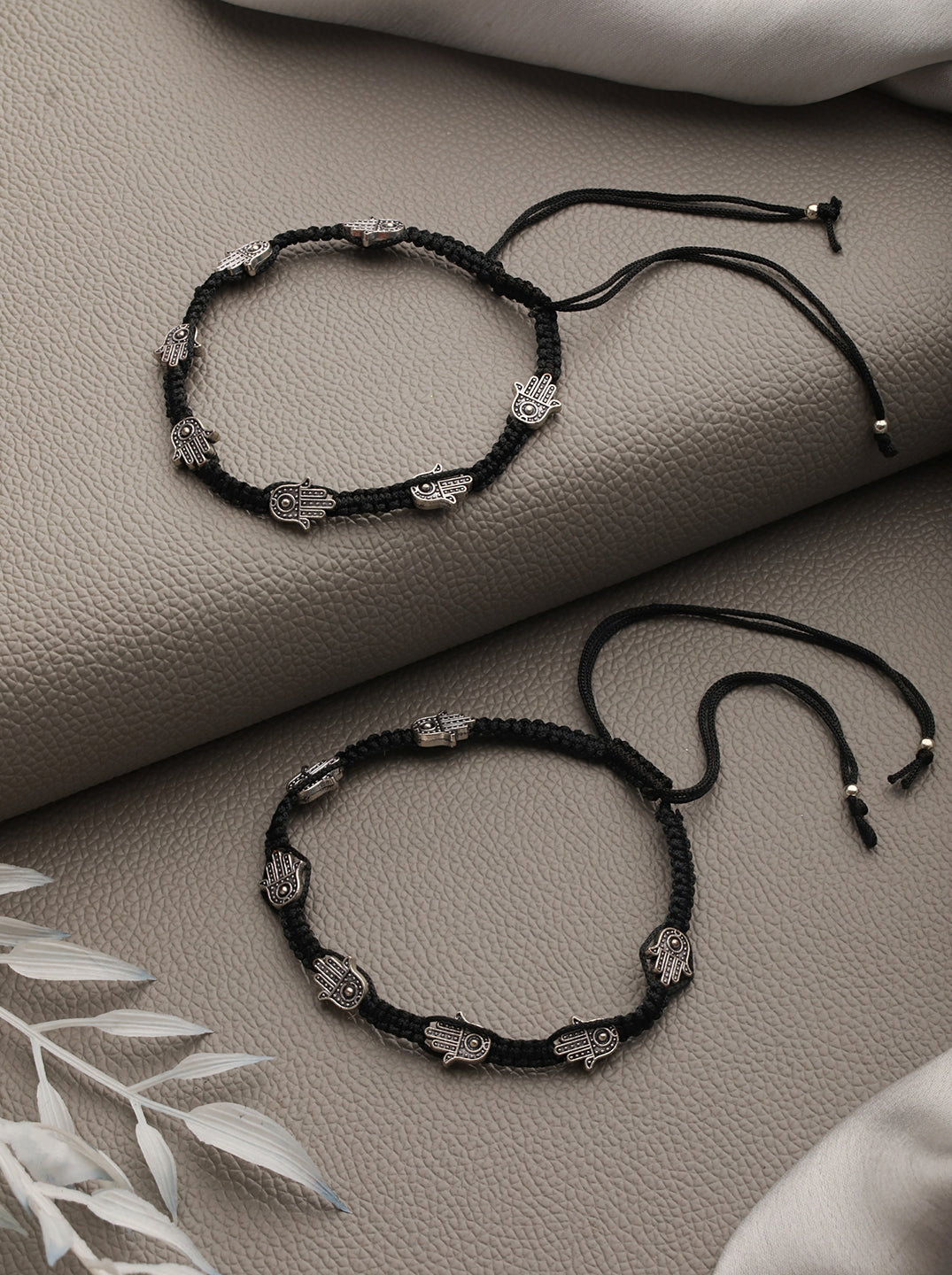 Set Of 2 Silver-Plated Black Thread Handcrafted Hamza Anklets