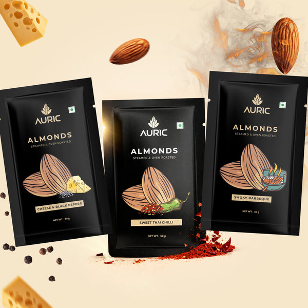 Auric Flavoured Almonds Combo Pack of Cheese & Black Pepper, Sweet Thai Chilli & Smoky Barbeque with Steamed & Oven Roasted California Badam of 50g x 3 (150g) Zenith Drinks