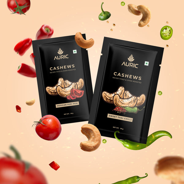 Auric Flavoured Cashews Combo Pack of Mexican Peri Peri & Sweet Thai Chilli with Never Fried & Oven Roasted Mangalore Kaju 50g x 2 (100g) Zenith Drinks