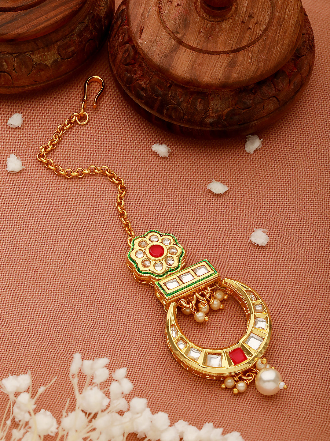 24K Gold-Plated Red & White Kundan & Green Meenakari Maangtika.