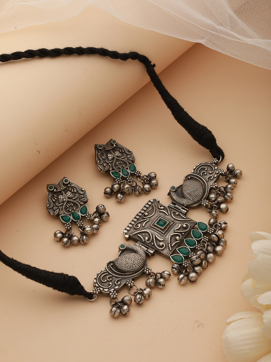 Oxidized Silver-Toned Green Stone-Studded & Beaded Peacock Shaped Jewellery Set