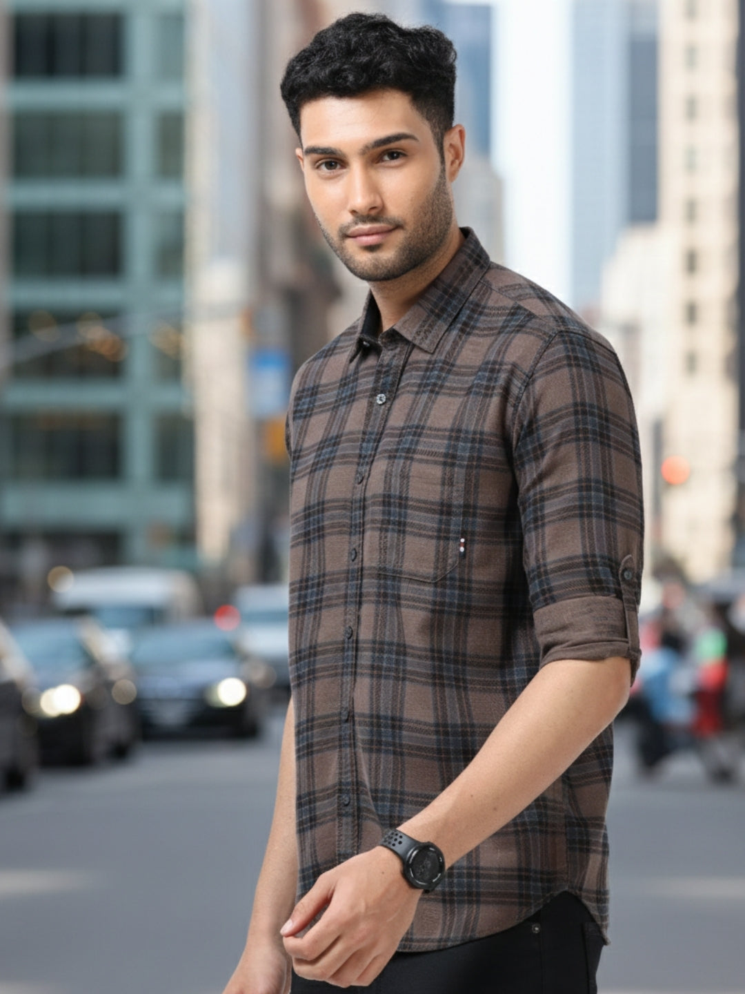 Men Brown Slim Fit Checks Full Sleeve Casual Shirt Cool Colors