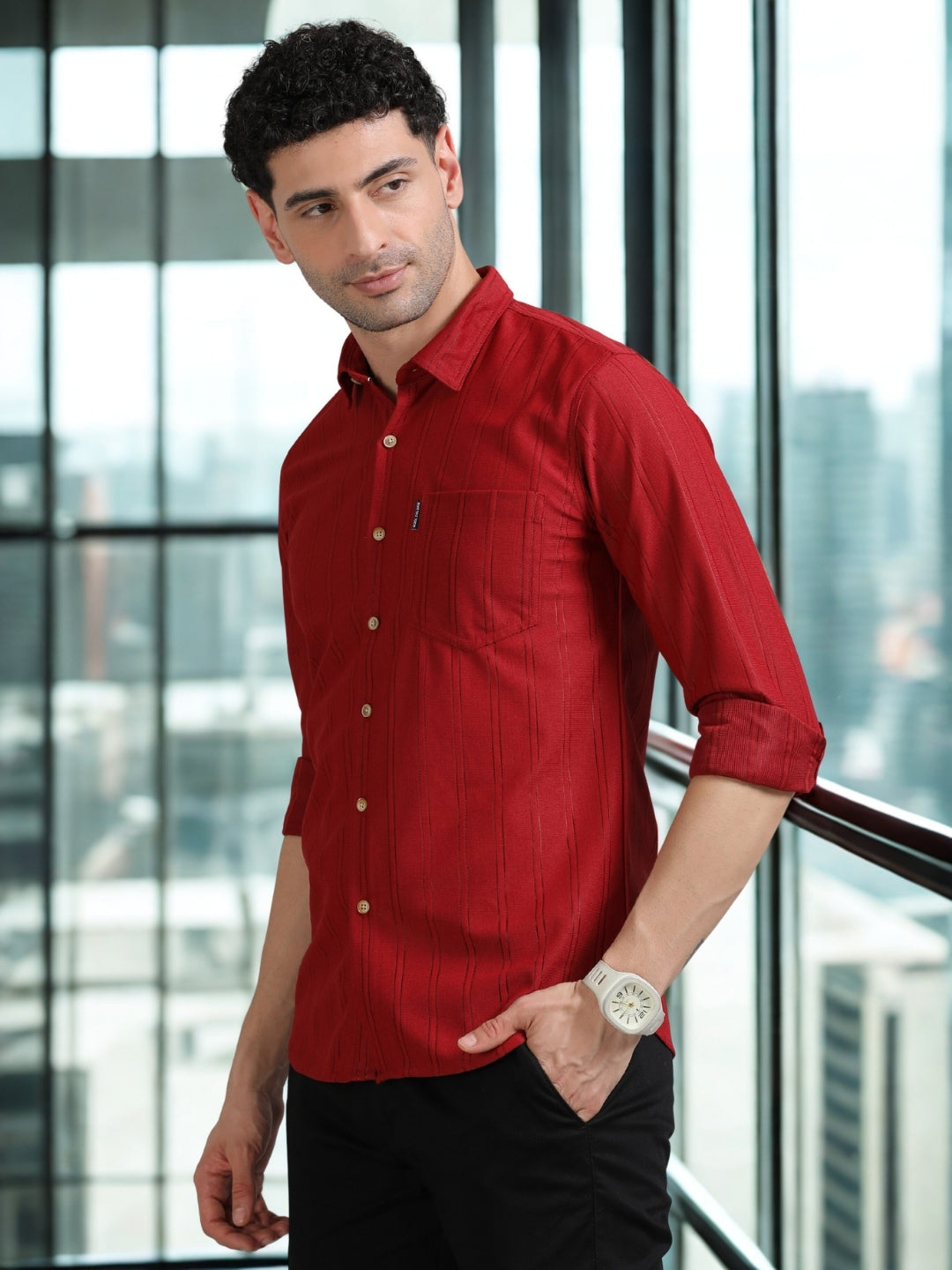 Buy Men Red Full Sleeve knitted Dobby Casual Shirt