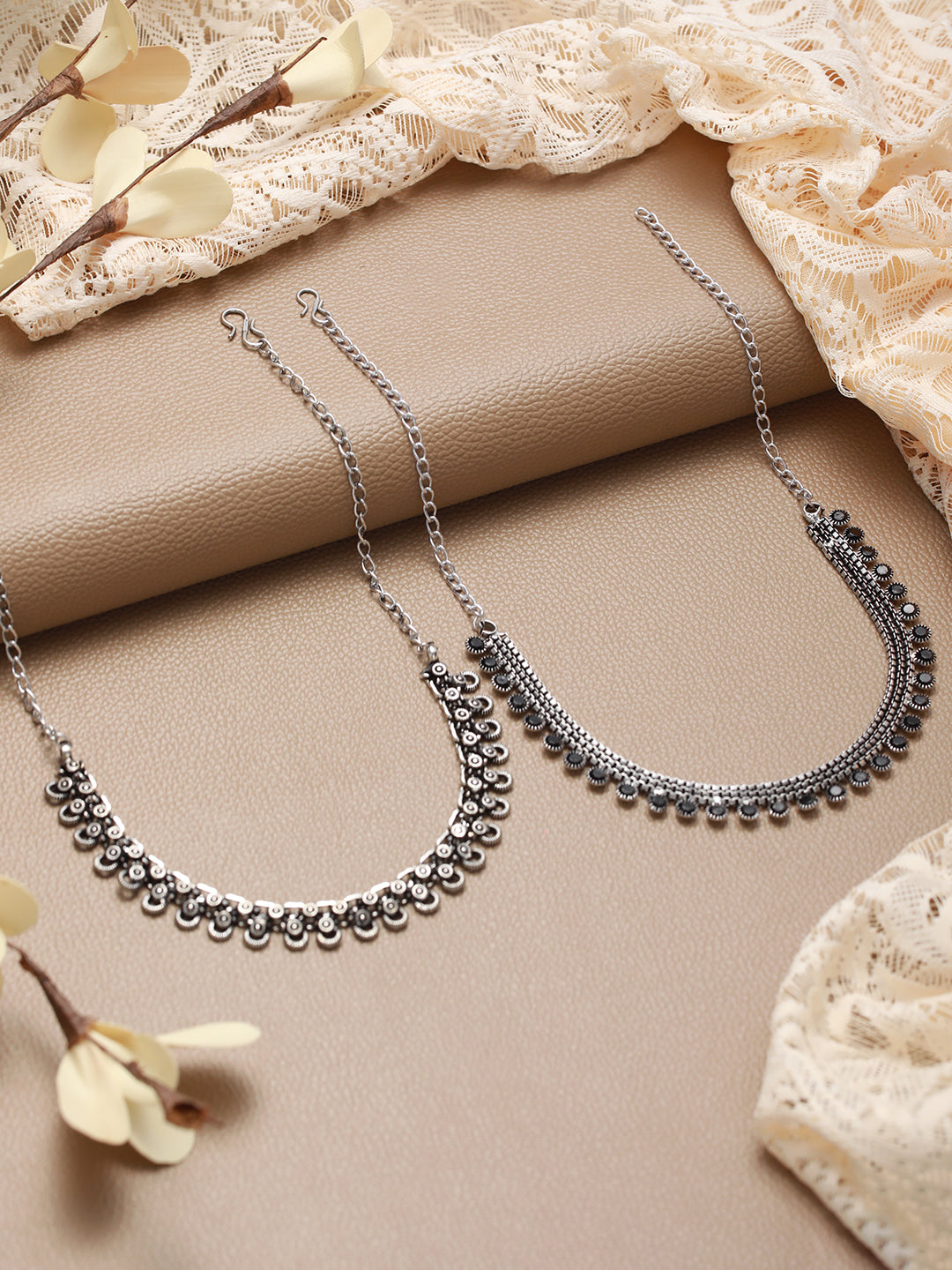 Set Of 2 Silver-Plated Black Artificial Stone Studded Necklace