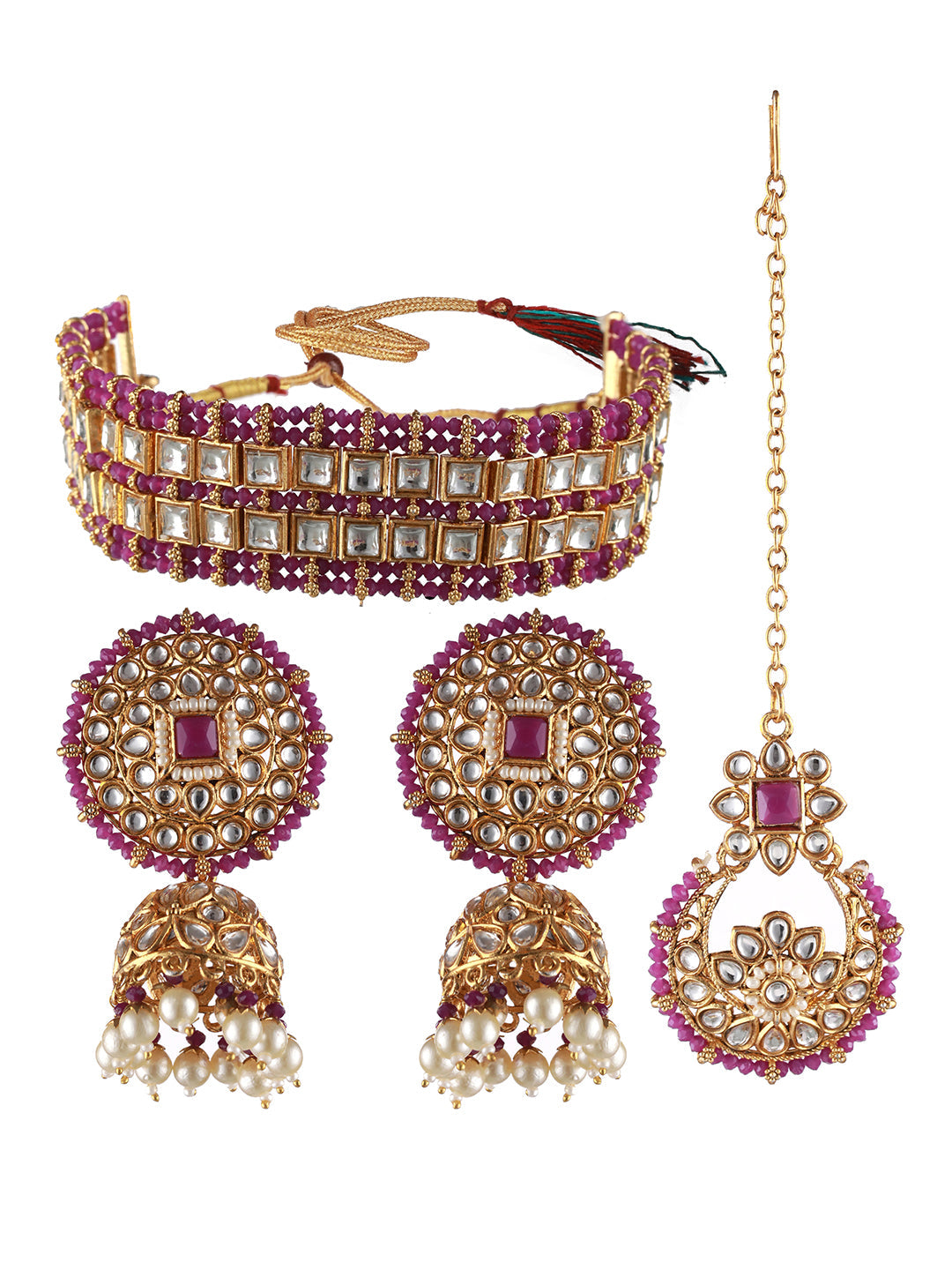 Gold-Plated Wine Kundan Studded & Pearl Beaded Choker Jewellery Set With Maangtikka