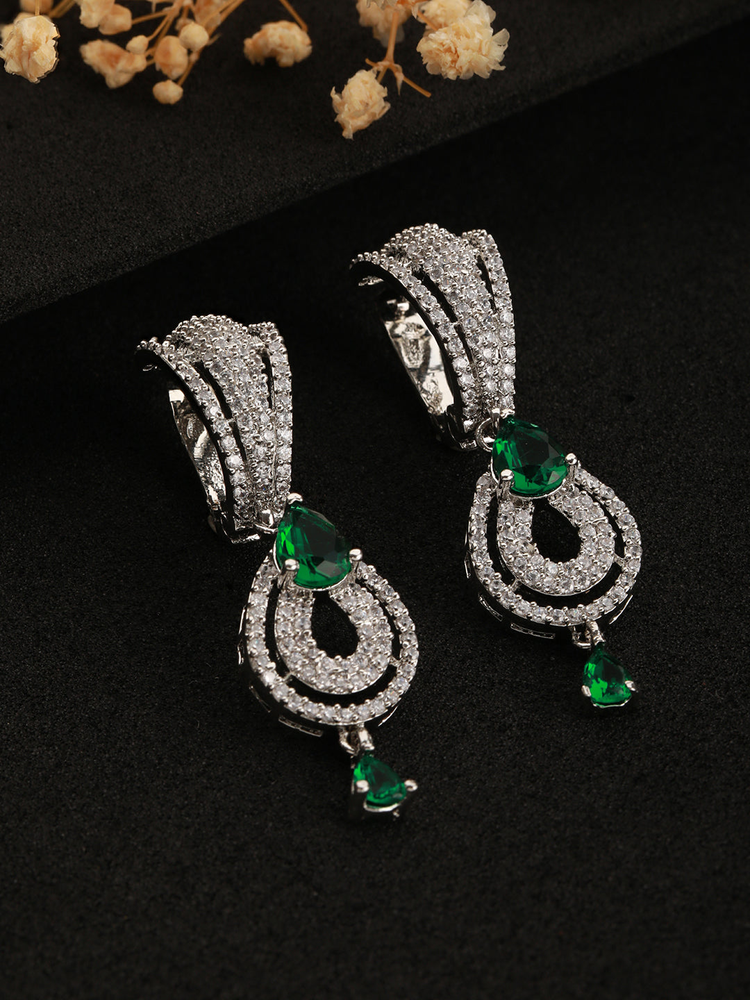 Green & White Rhodium Plated Ad Studded Teardrop Earrings