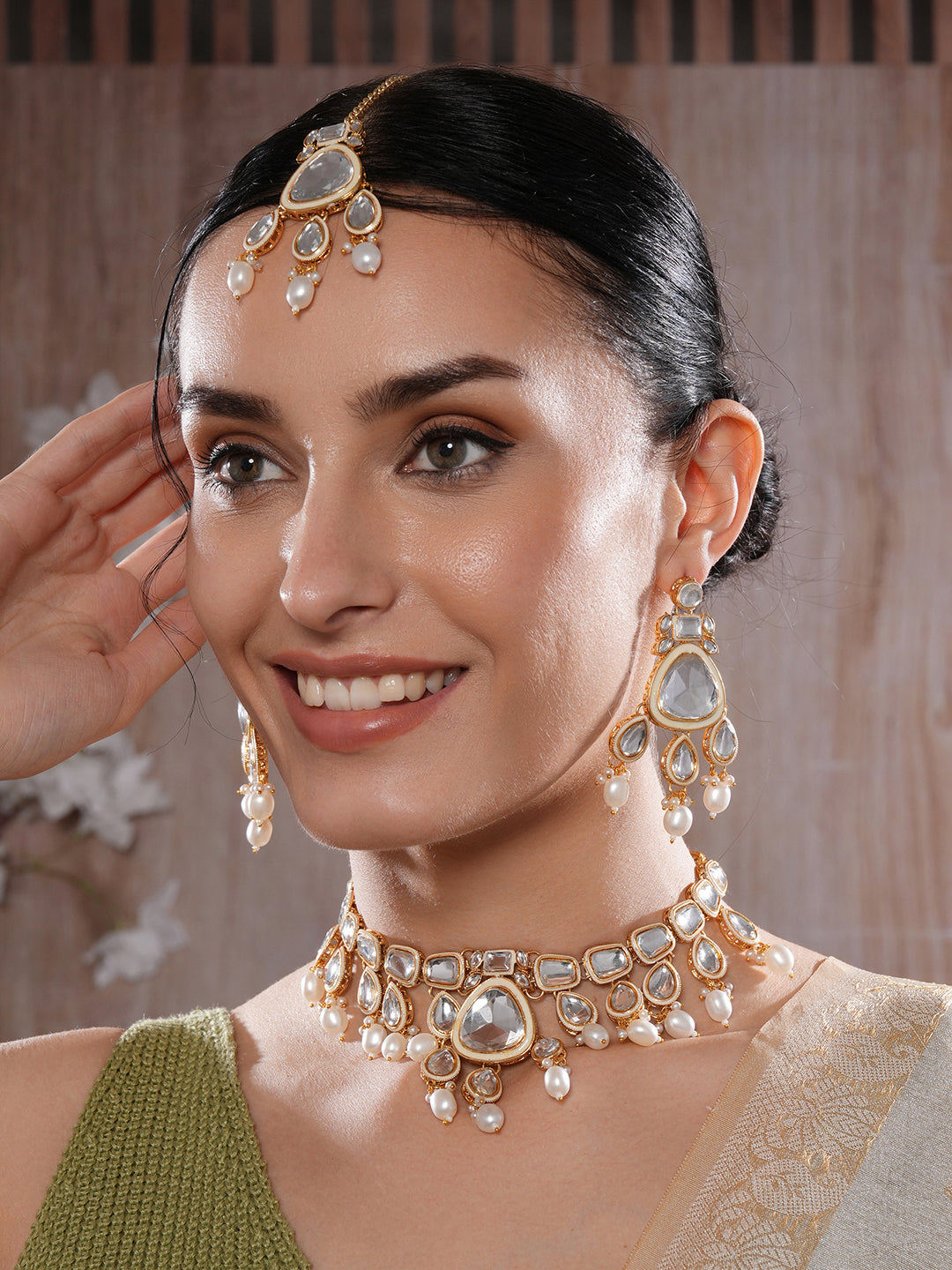 Jazz And Sizzle 22K Gold Plated Kundan And Zircon Studded Jewellery Set With Maangtikka