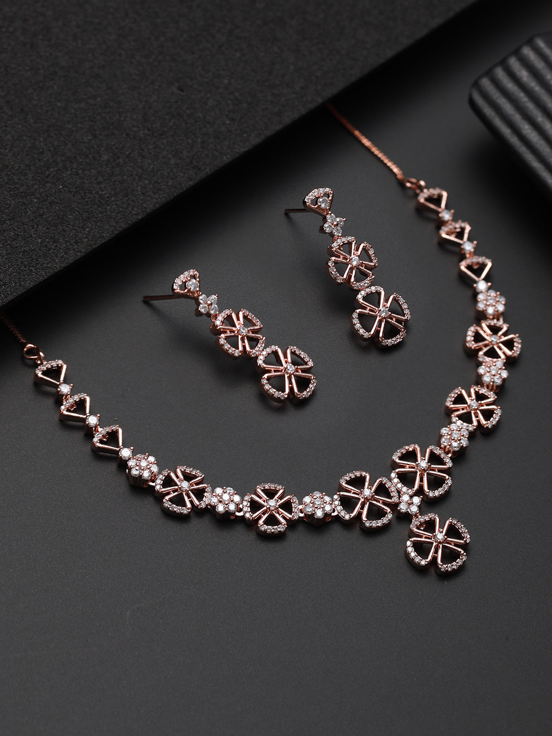 Rosegold-Plated Rose Gold Cz Studded Floral Jewellery Set