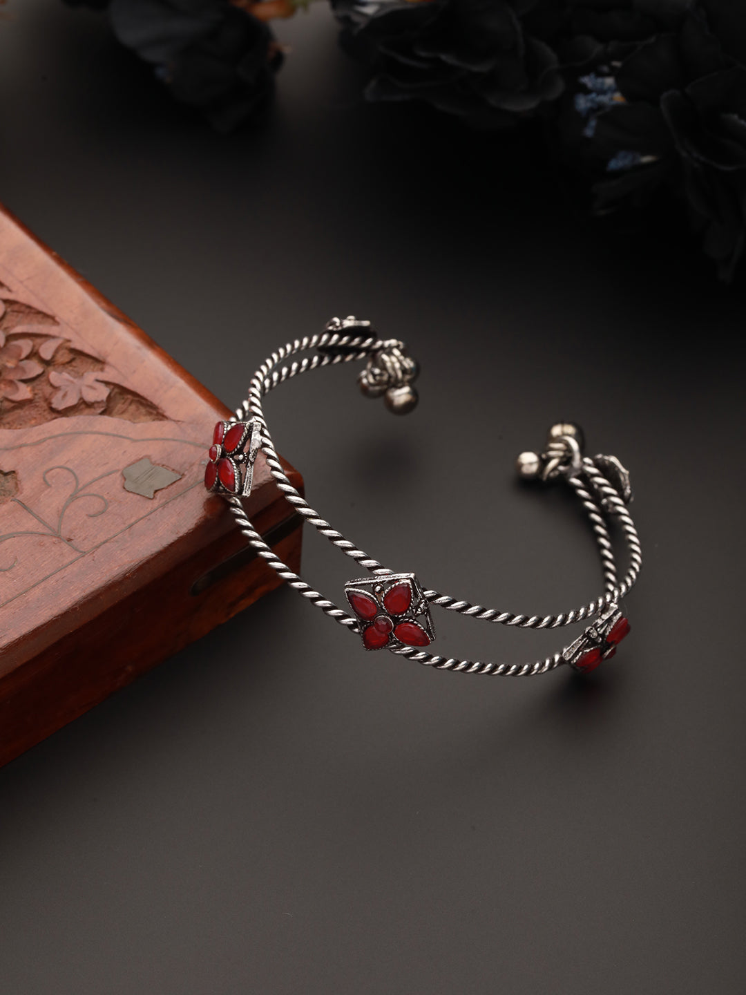 Silver Plated Red Stone Studded Oxidised Handcrafted Cuff Style Bracelet