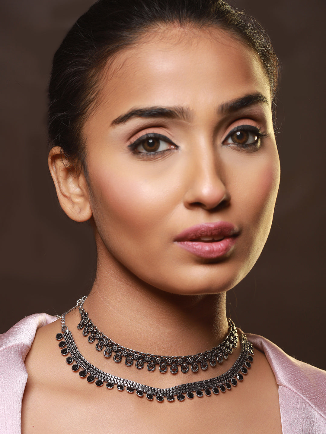 Set Of 2 Silver-Plated Black Artificial Stone Studded Necklace
