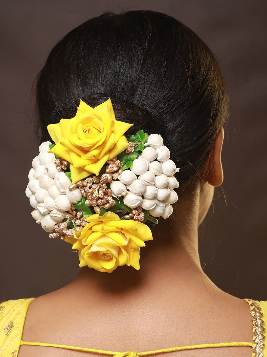 Women Yellow Rose & White Mogra Embellished Artificial Flower Gajra Designed Hair Bun Cover