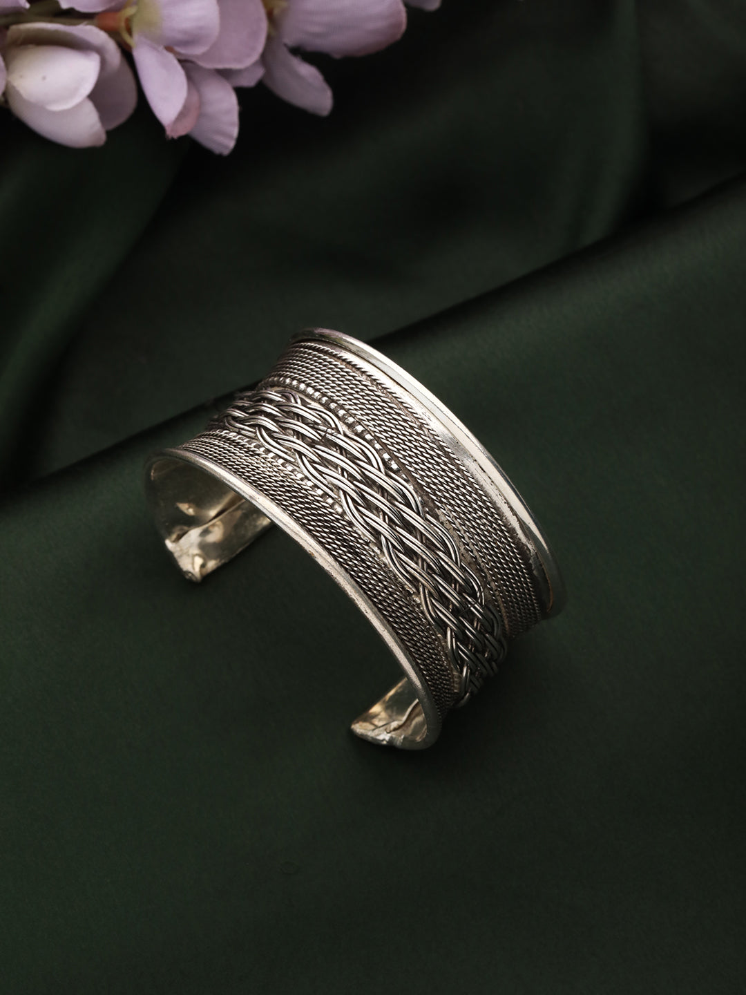 Women Silver-Plated Oxidised Cuff Bracelet
