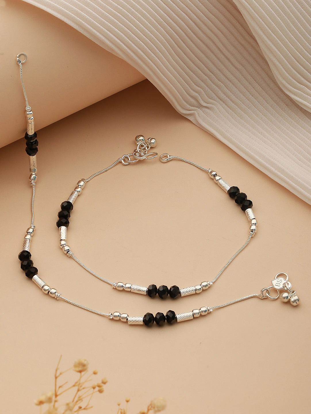 Aatmana Set Of 2 Silver Plated & Black Crystal Beaded Anklets