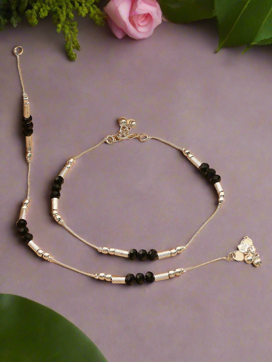 Aatmana Set Of 2 Silver Plated & Black Crystal Beaded Anklets