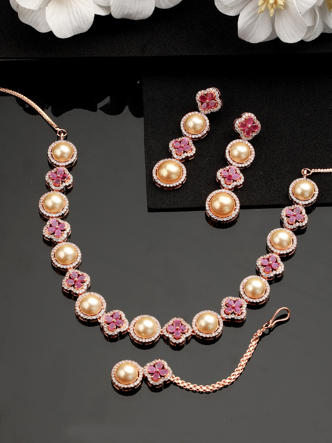 Gold-Plated Ad Studded Necklace And Earrings & With Maang Tika