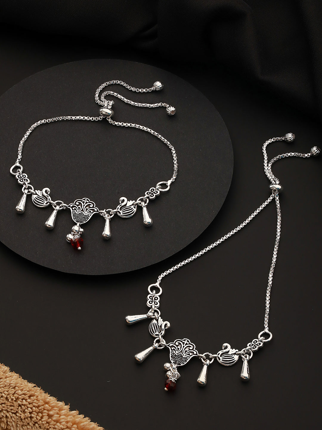 Set Of 2 Silver-Plated Artificial Peacock Shaped Adjustable Anklets