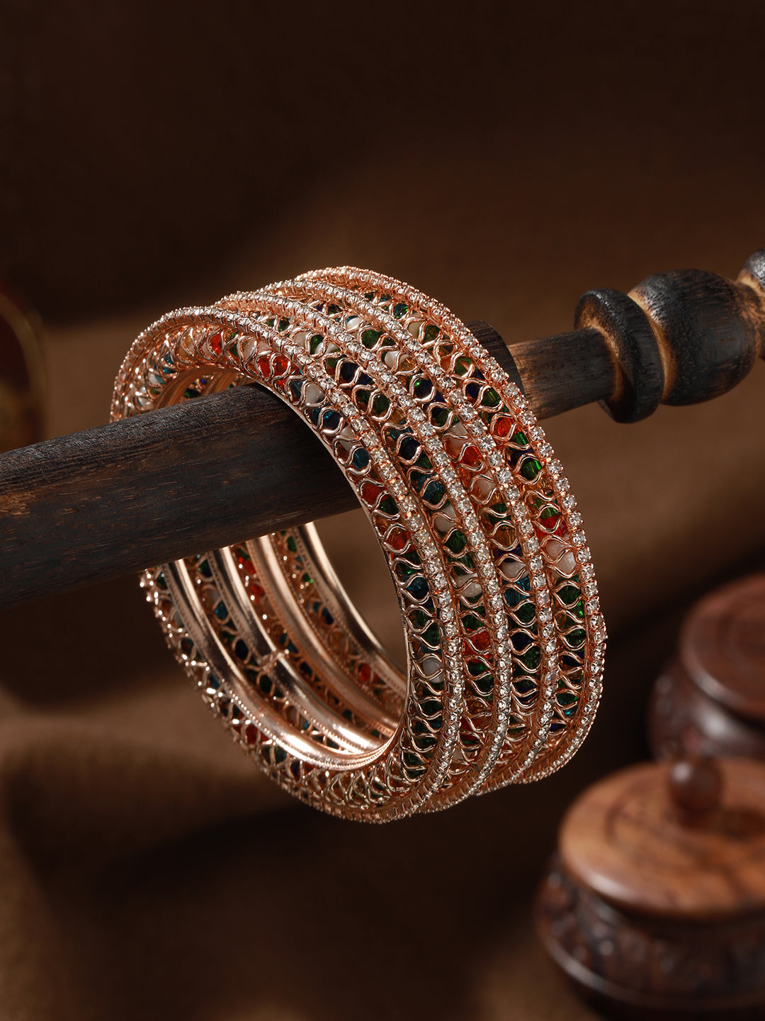 Set Of 4 Rose Gold Plated Stone-Studded Crystal-Beaded Bangles