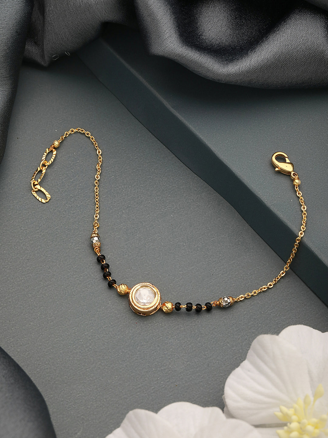 Gold-Plated Crystals Studded & Beaded Link Hand Mangal Sutra Bracelet