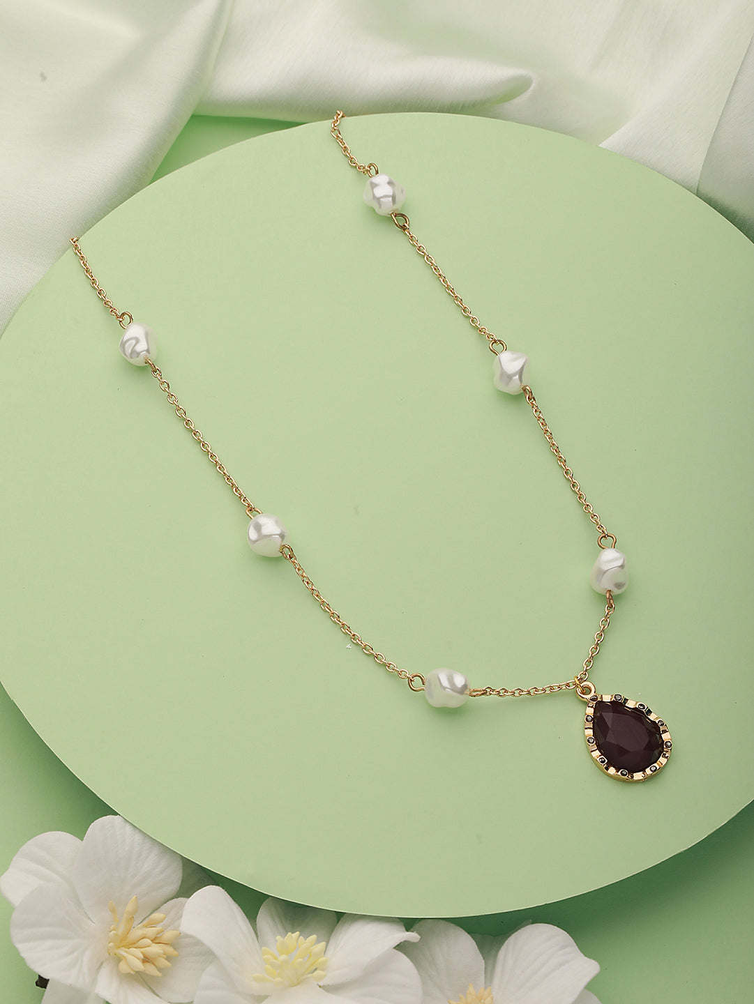 Gold-Plated & Pearl Beaded Purple Stone Studded Statement Necklace