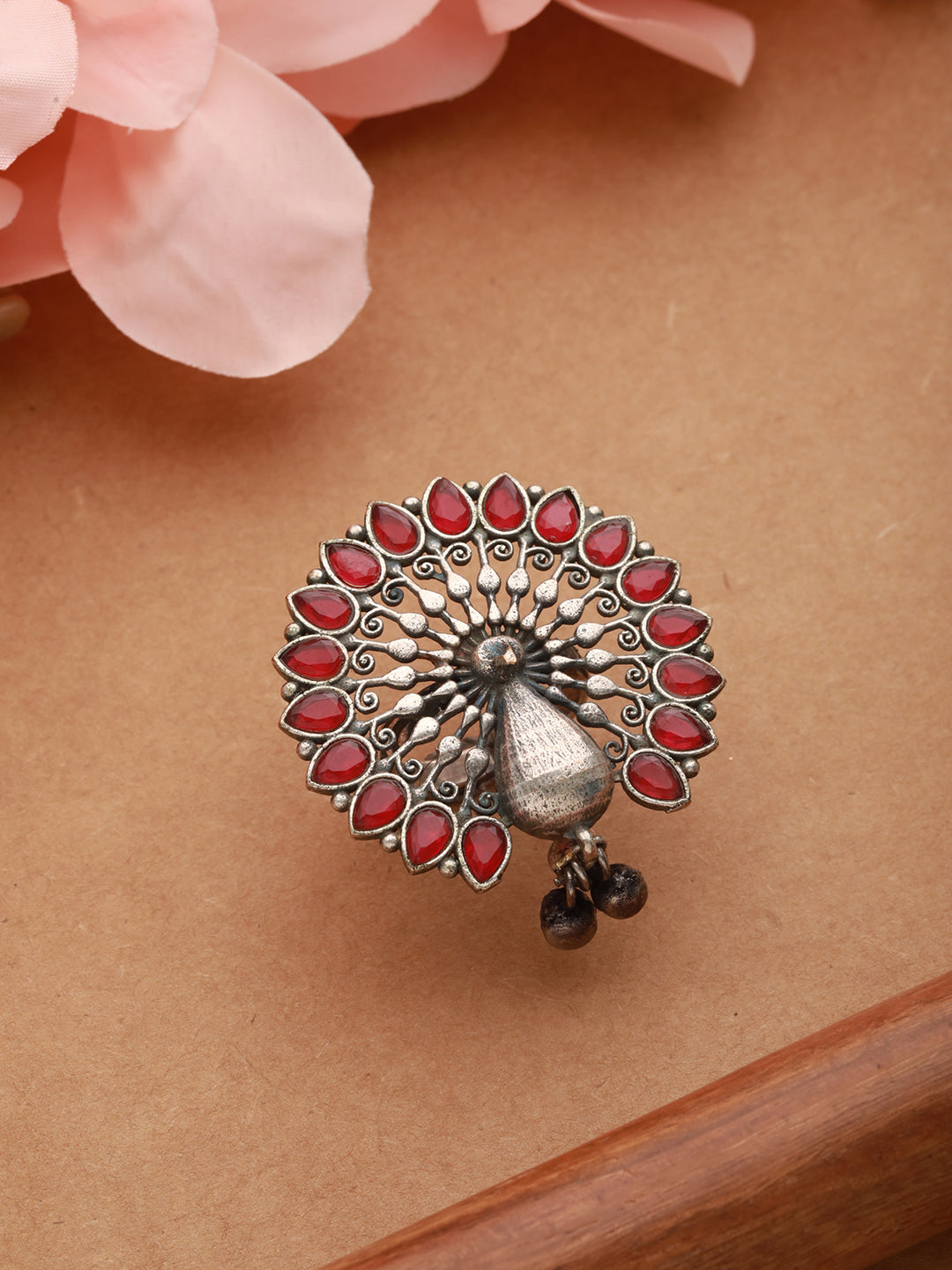 Silver-Plated Red Stone Studded Peacock Motif Adjustable Finger Ring