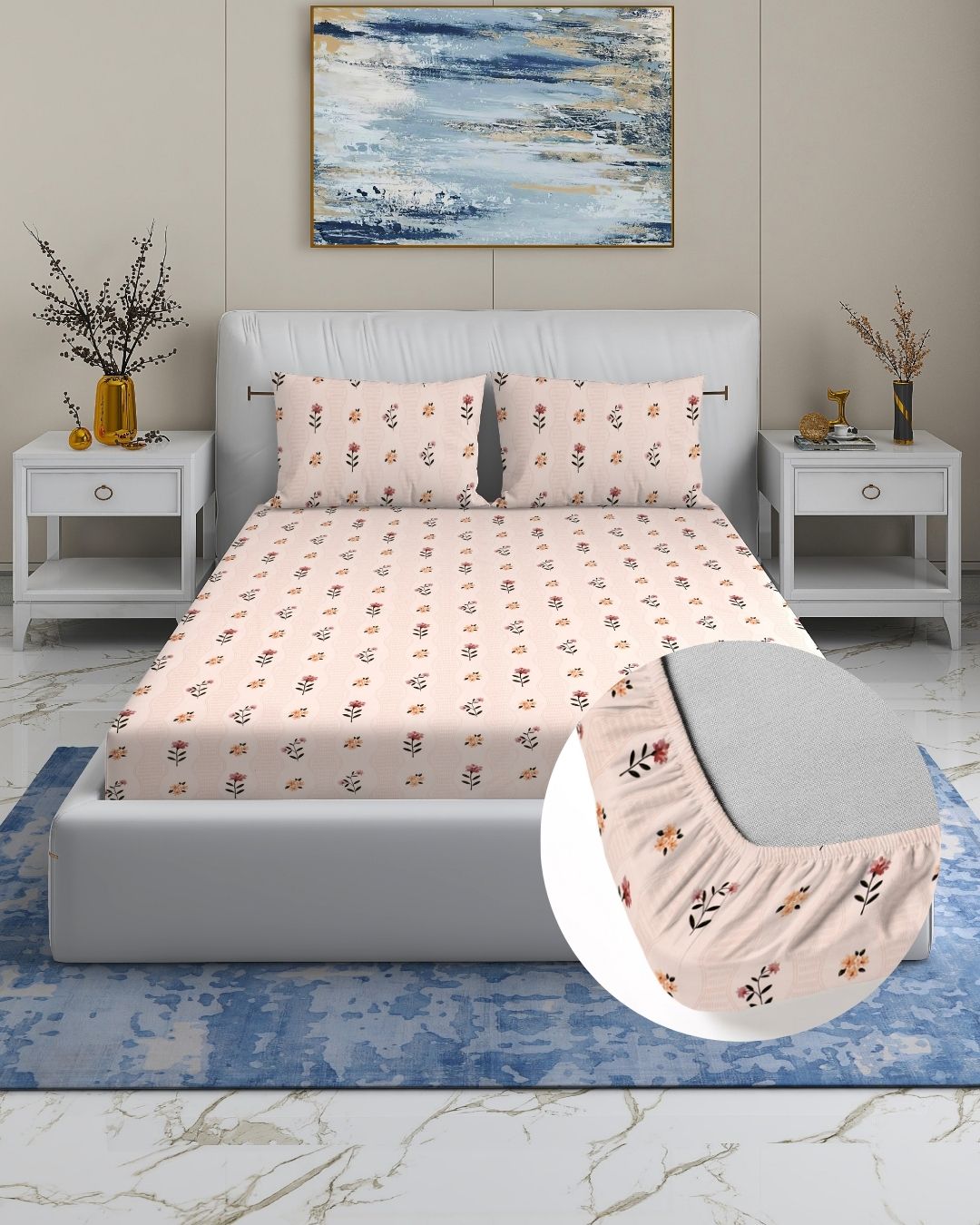 Rome Collection Cotton 220 TC Fitted Queen Bedsheet with 2 Pillow Covers - Beige