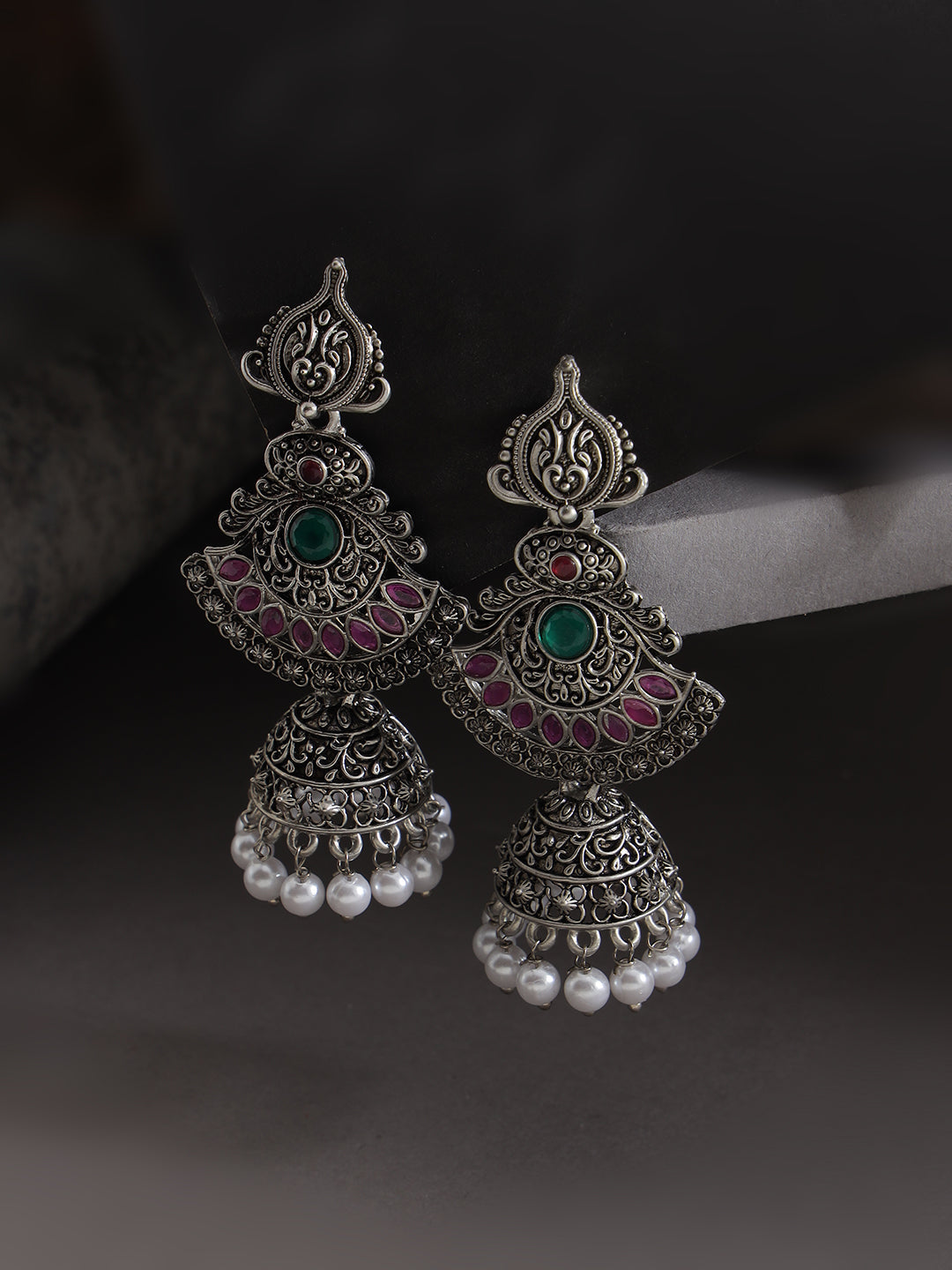 Pink Oxidized Silver-Plated Dome Shaped Jhumkas