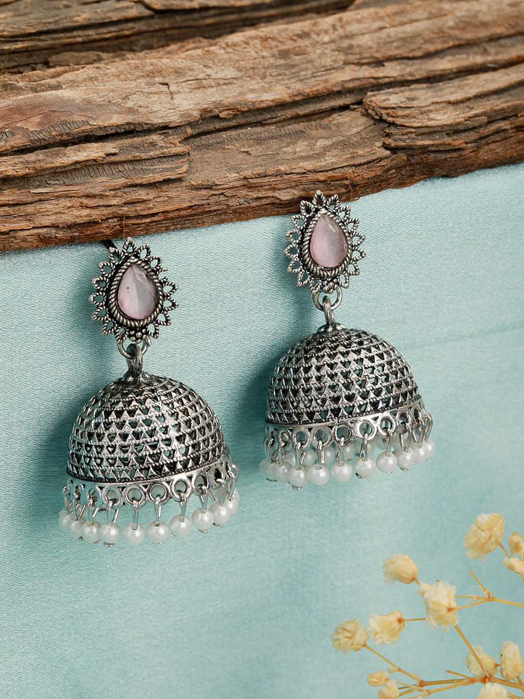 Silver Plated Pink Stone Studded & Pearl Beaded Jhumkas