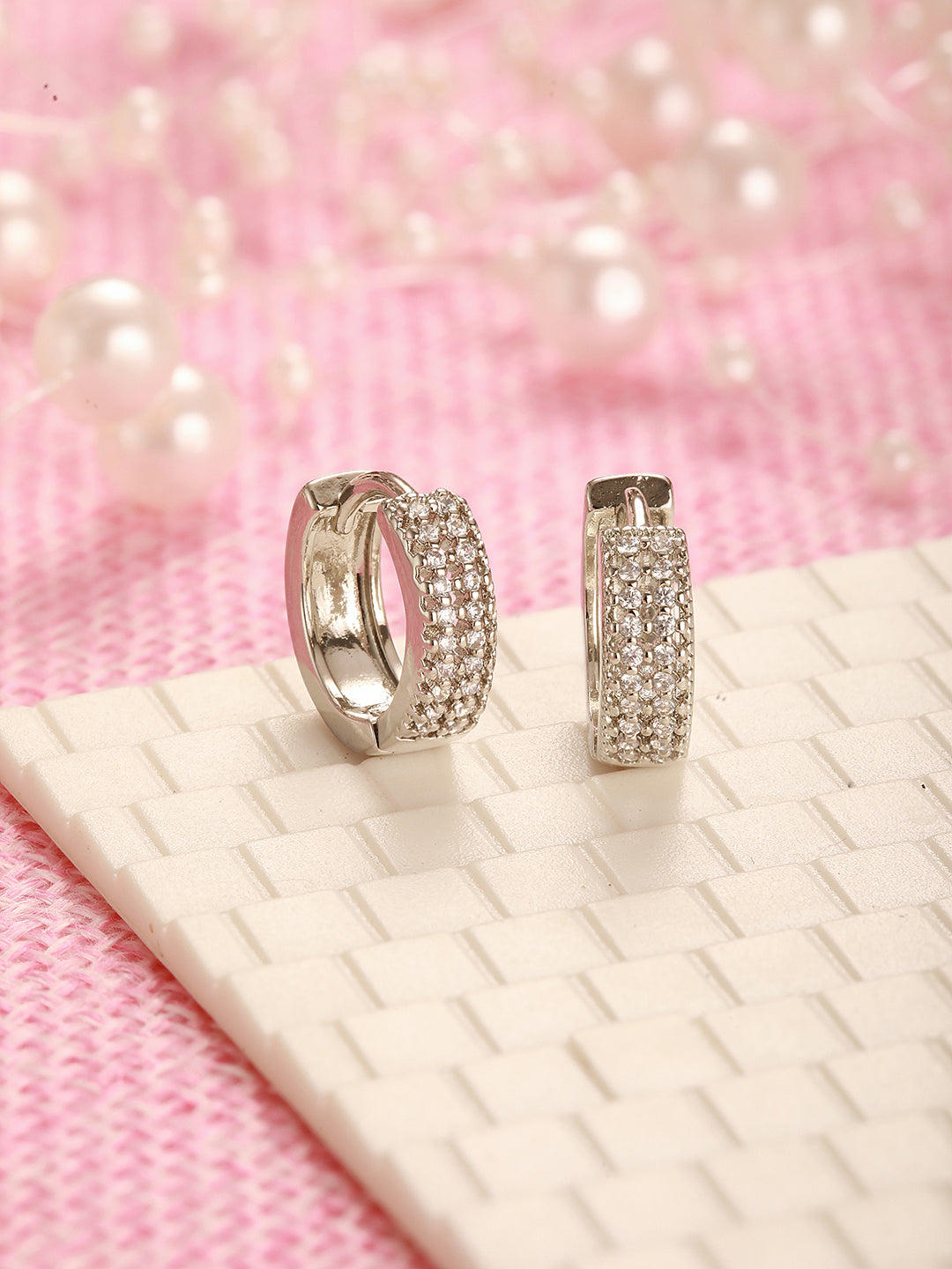 Jazz And Sizzle Silver-Toned Rhodium-Plated CZ Studded Circular Hoop Earrings