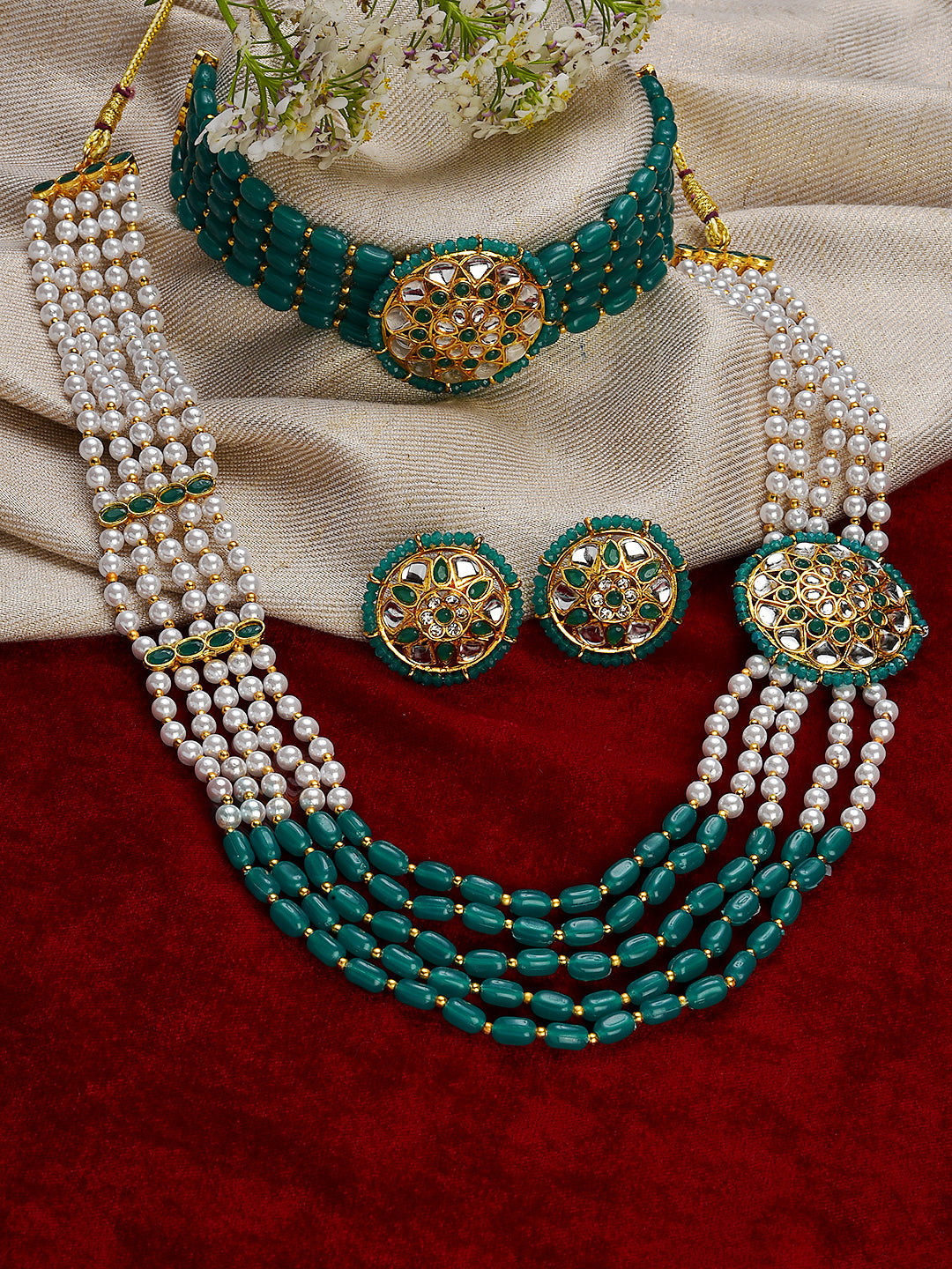 Gold-Plated Green & White Combo Jewellery Set