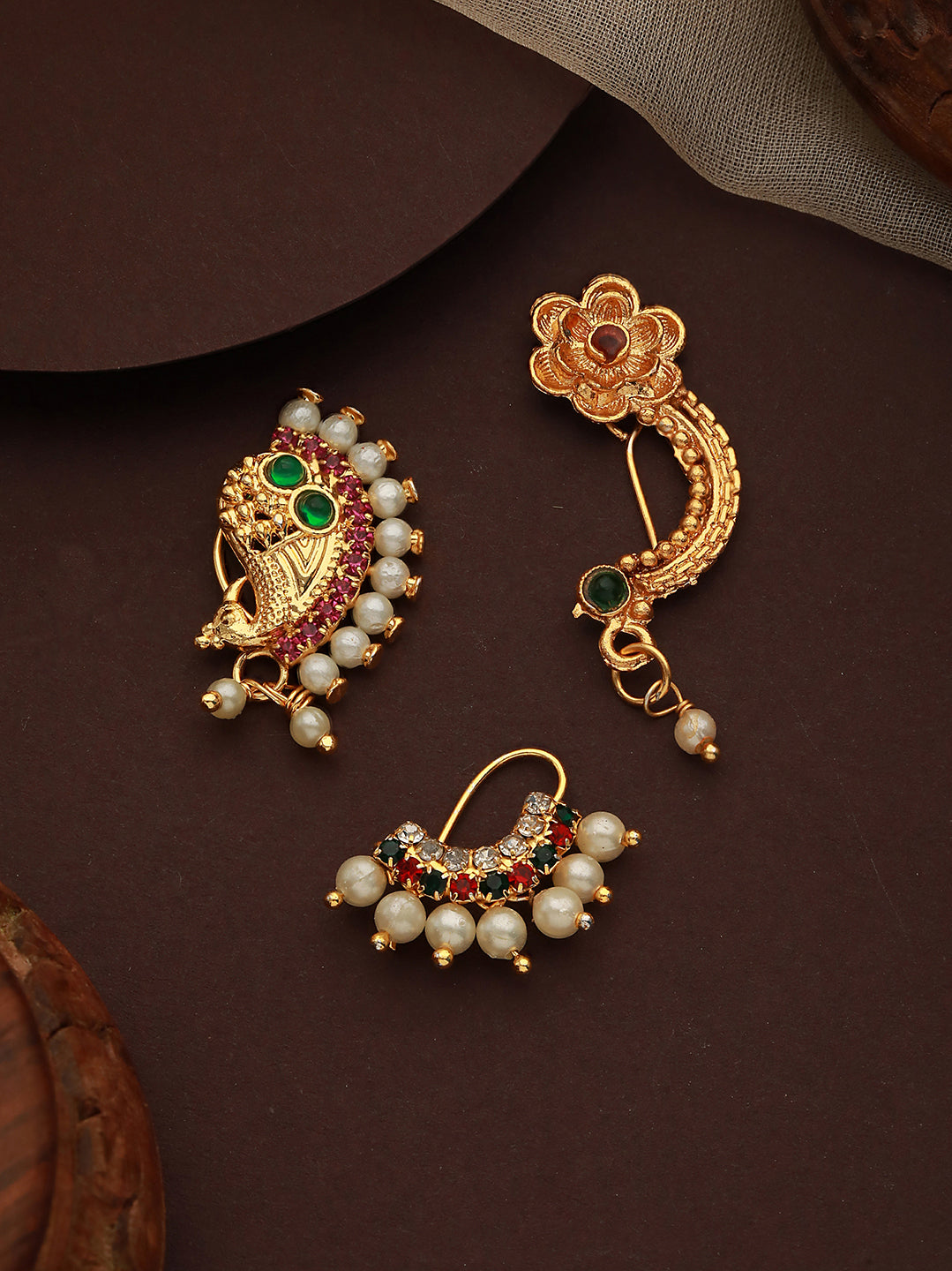 Set Of 3 Gold-Plated Stone-Studded & Beaded Nosepins