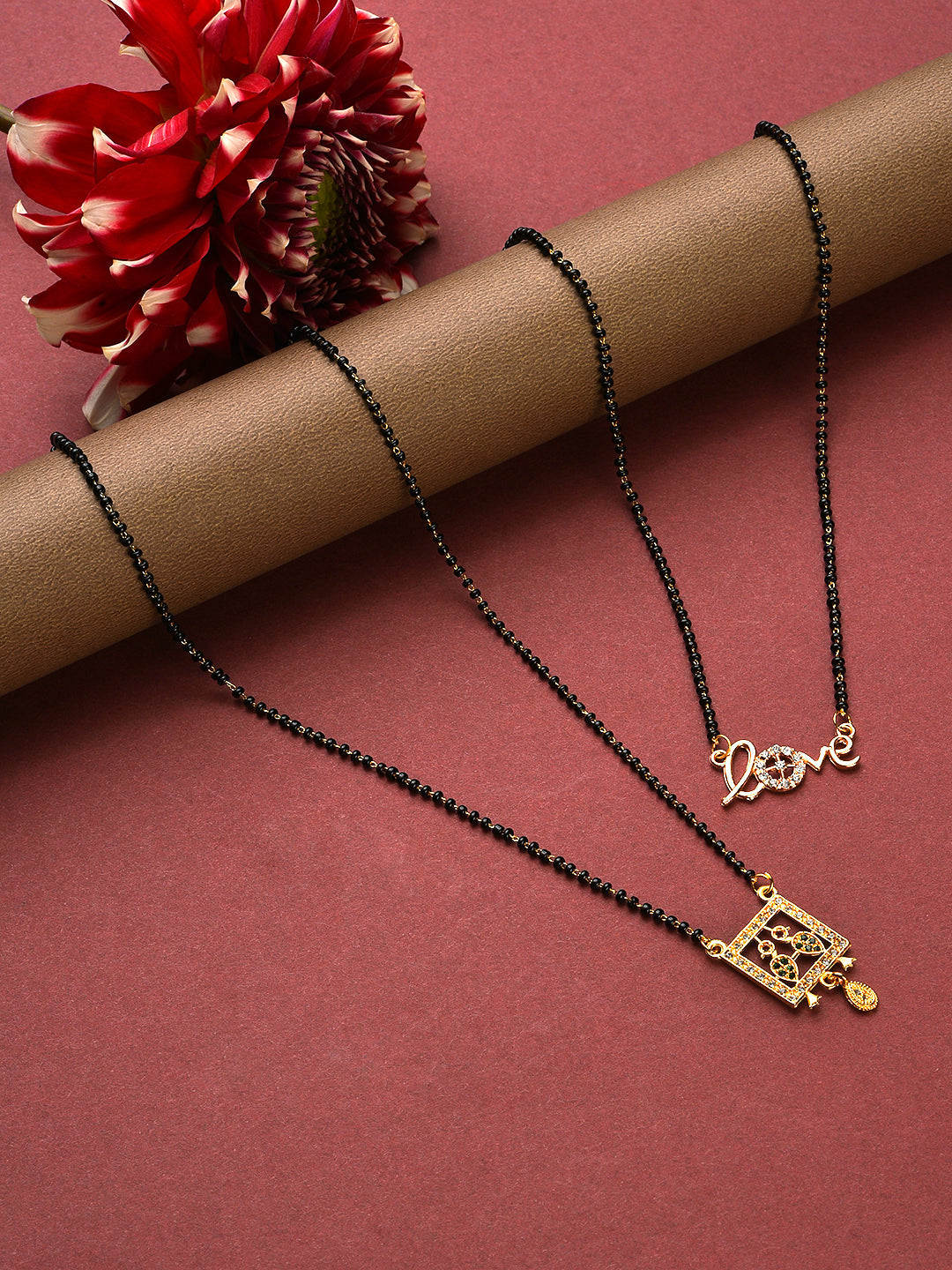 Set Of 2 Love & Bird Gold-Plated & Ad-Studded Black Beaded Mangalsutra
