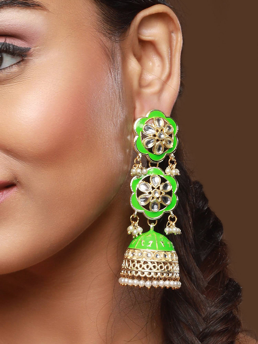 Green & White Meenakari & Kundan Ethnic Long Jhumka Earrings