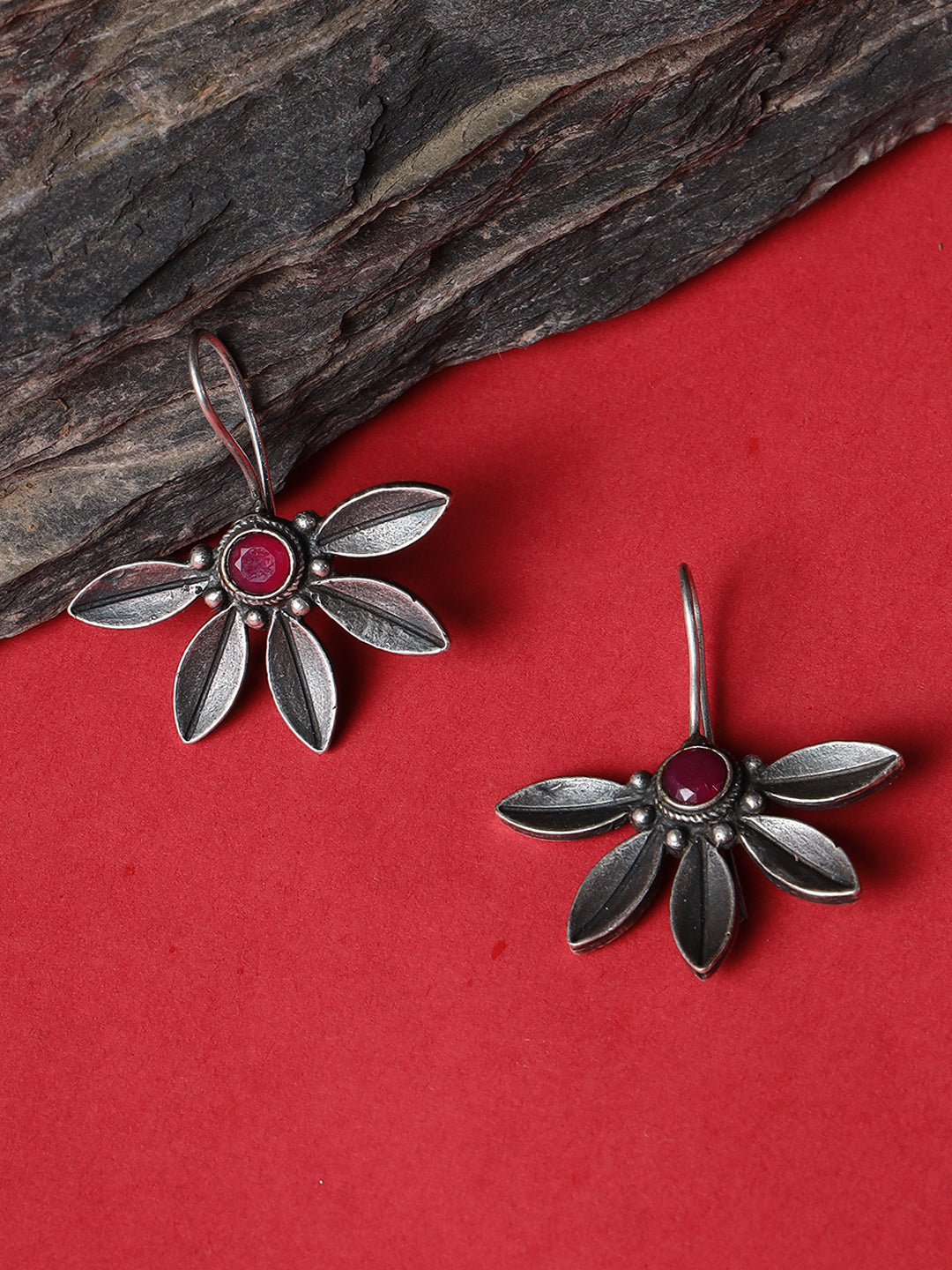 Red Oxidized Floral Drop Earrings