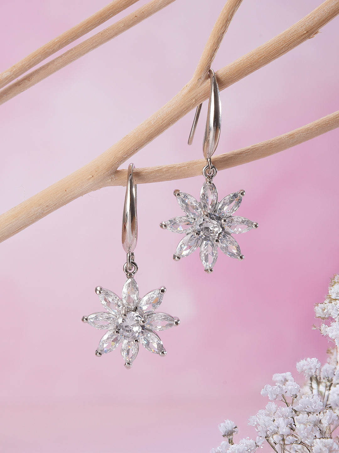 Jazz And Sizzle Rhodium Plated Floral Shaped Drop Earrings