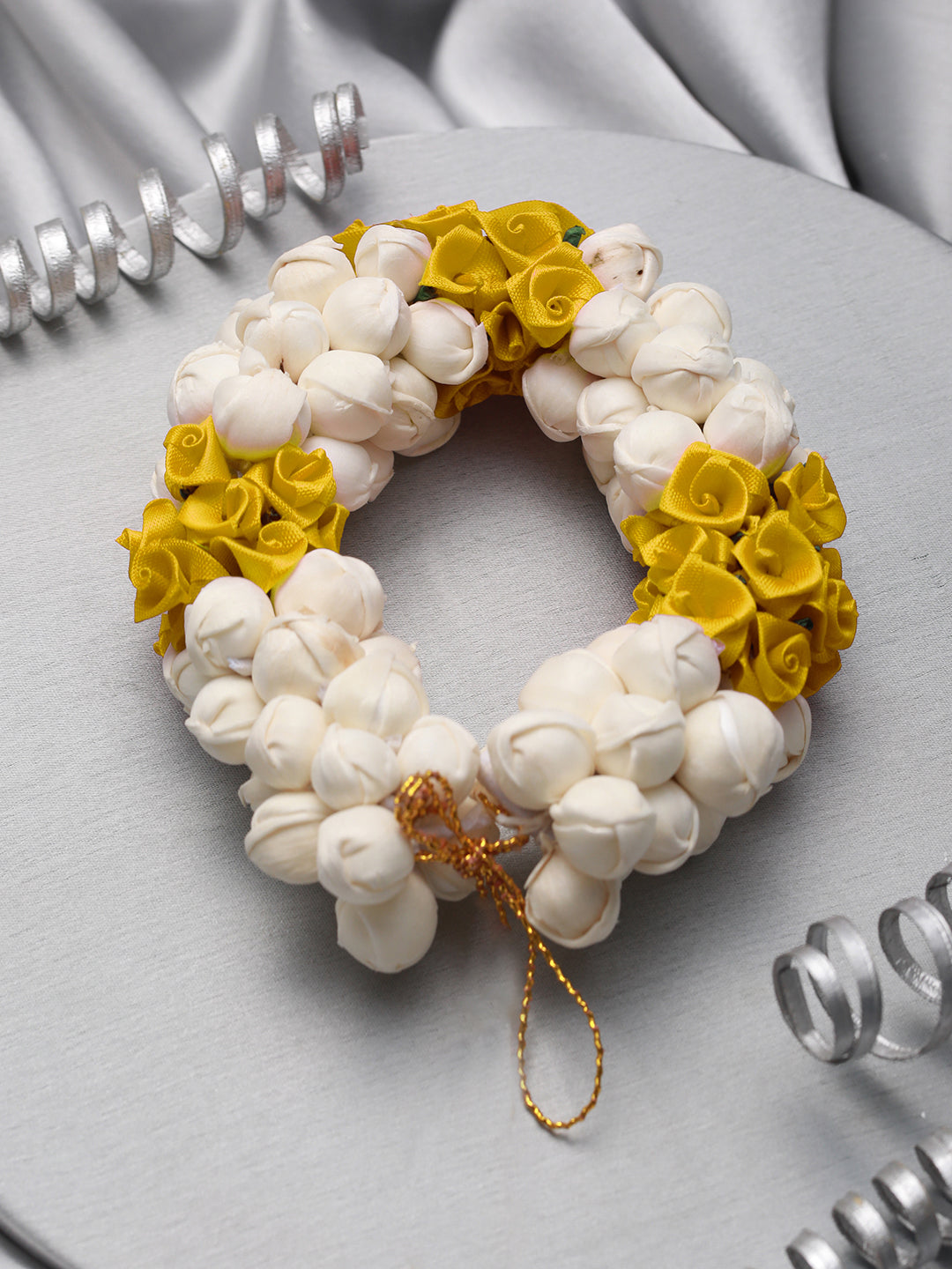 Women Yellow Rose & White Mogra Artificial Flower Gajra Floral Hair Bun