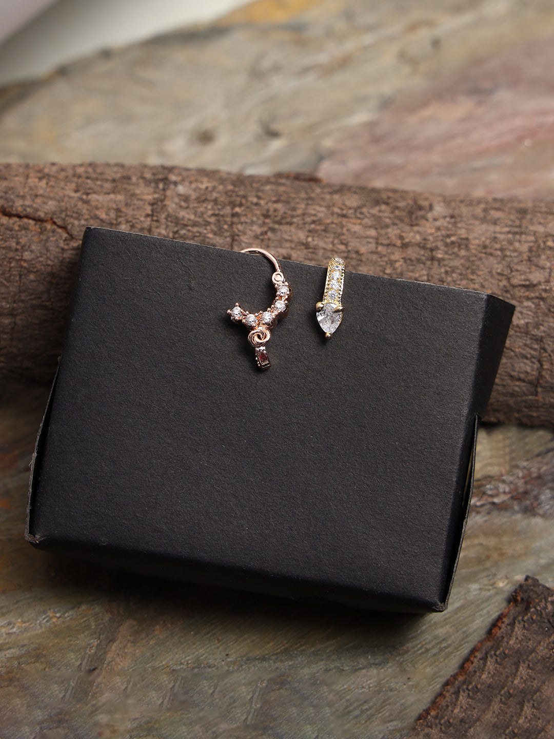 Set Of 2 Rose Gold & Gold-Plated American Diamond Studded Nose Pins