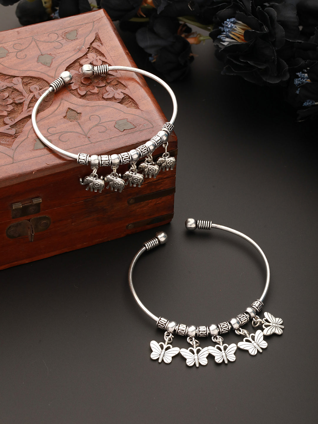 Set Of 2 Silver-Toned Silver-Plated Oxidised Butterfly & Elephant Charm Bracelet