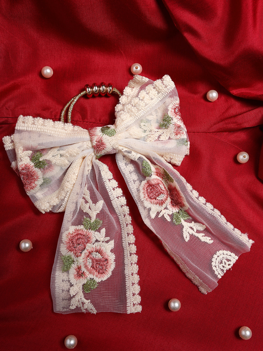 White & Red Bow Shaped Ponytail Holder
