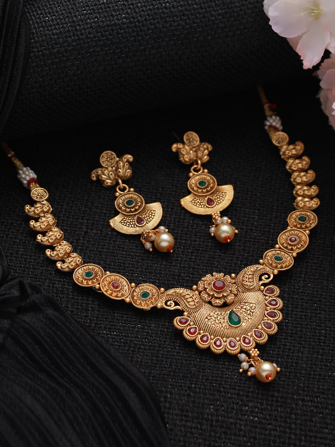 Gold-Plated Red & Green Stone Studded & Pearl Drop Handcrafted Jewellery Set