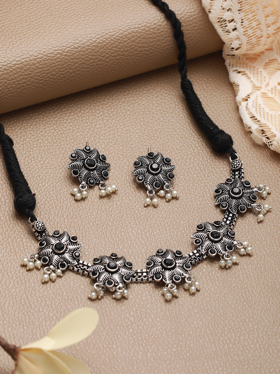 Oxidised Silver-Tone Black Stone Studded & Pearl Beaded Floral Jewellery Set