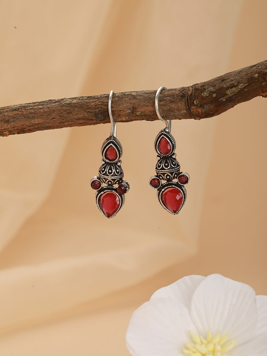 Silver Plated & Red Stone Studded Dome Shaped Drop Earrings